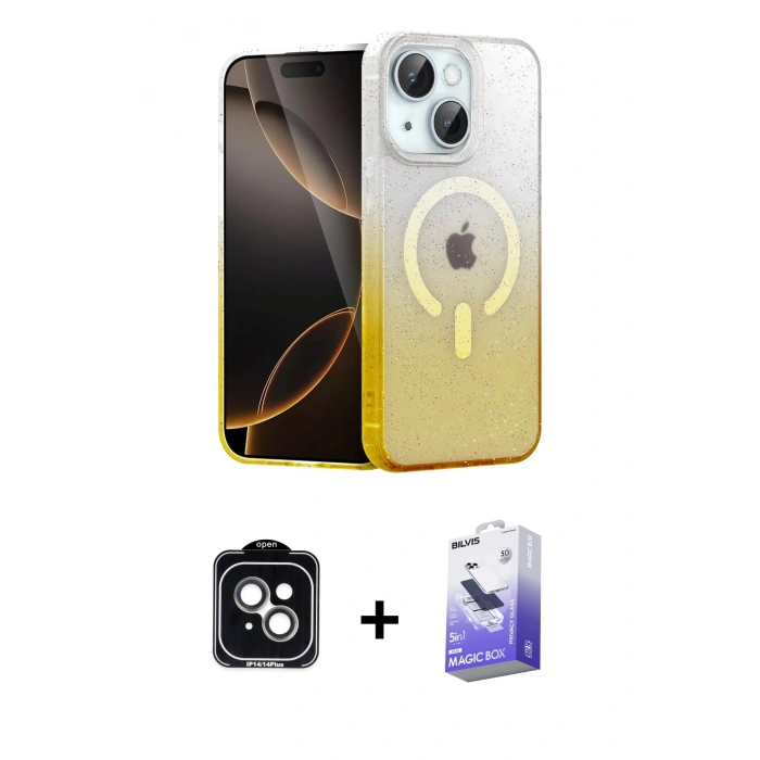 MARSİLYAN™- iPhone 14 Kılıf Eksen Minimal Özel Seri - Siyah Bilvis 5in1 5D Magic Hayalet Cam Ekran Koruyucu + PVD Metal Kamera Lens - YL