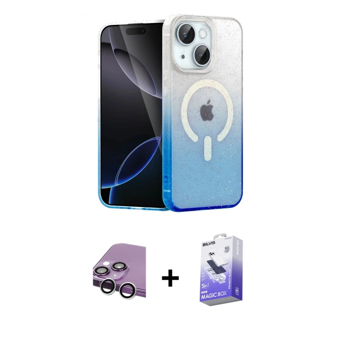 MARSİLYAN™- iPhone 14 Kılıf Eksen Minimal Özel Seri - Siyah Bilvis 5in1 5D Magic Hayalet Cam Ekran Koruyucu + Raze Metal Kamera Lens - GS