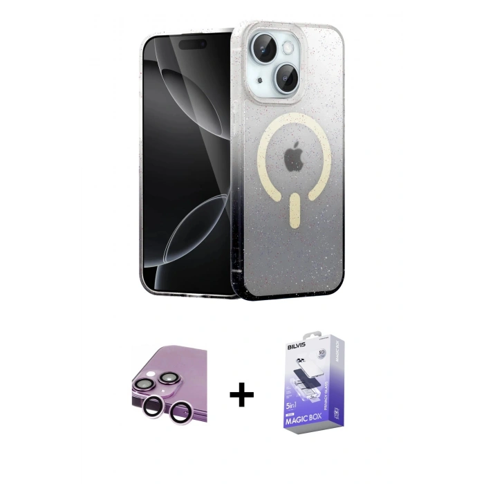 MARSİLYAN™- iPhone 14 Kılıf Eksen Minimal Özel Seri - Siyah Bilvis 5in1 5D Magic Hayalet Cam Ekran Koruyucu + Raze Metal Kamera Lens - MR