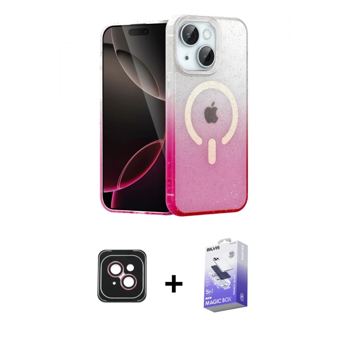 MARSİLYAN™- iPhone 14 Kılıf Eksen Minimal Özel Seri - Siyah Bilvis 5in1 5D Magic Hayalet Cam Ekran Koruyucu + PVD Metal Kamera Lens - PE