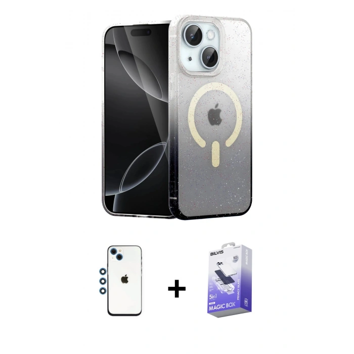MARSİLYAN™- iPhone 14 Kılıf Eksen Minimal Özel Seri - Siyah Bilvis 5in1 5D Magic Hayalet Cam Ekran Koruyucu + Shine Kamera Lens - MI