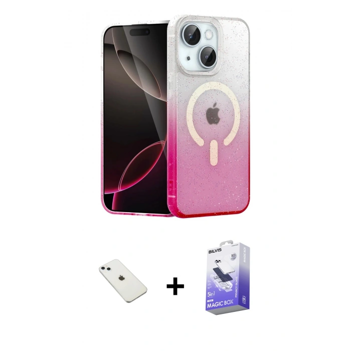 MARSİLYAN™- iPhone 14 Kılıf Eksen Minimal Özel Seri - Siyah Bilvis 5in1 5D Magic Hayalet Cam Ekran Koruyucu + Sierra Blue Diamond Kamera Lens