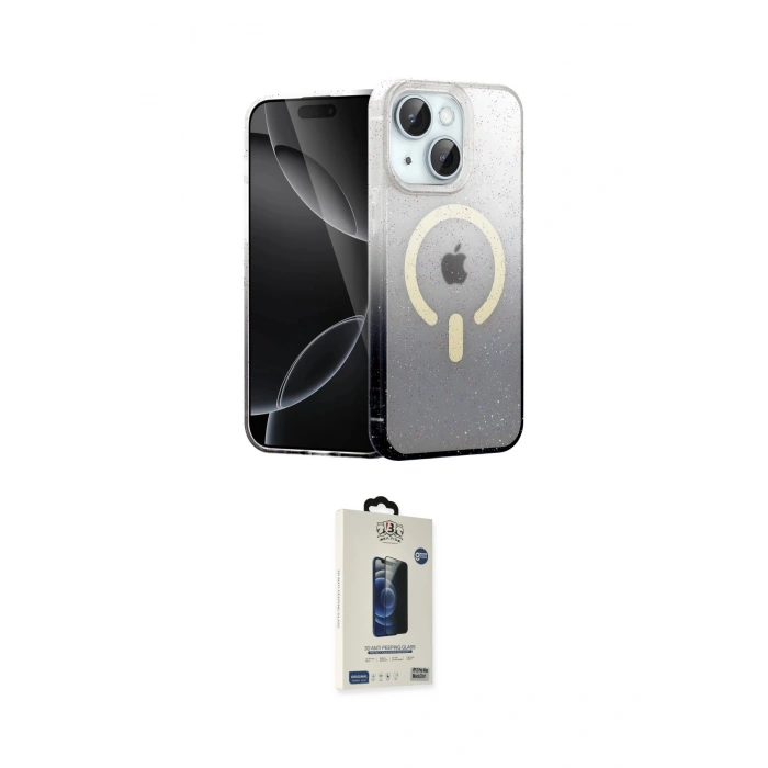MARSİLYAN™- iPhone 14 Kılıf Eksen Minimal Özel Seri - Siyah Bilvis Hayalet Cam Ekran Koruyucu