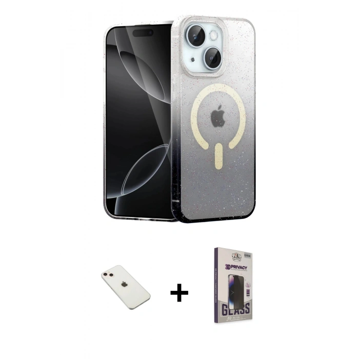 MARSİLYAN™- iPhone 14 Kılıf Eksen Minimal Özel Seri - Siyah Bilvis Hayalet Cam Ekran Koruyucu + Diamond Kamera Lens - PE