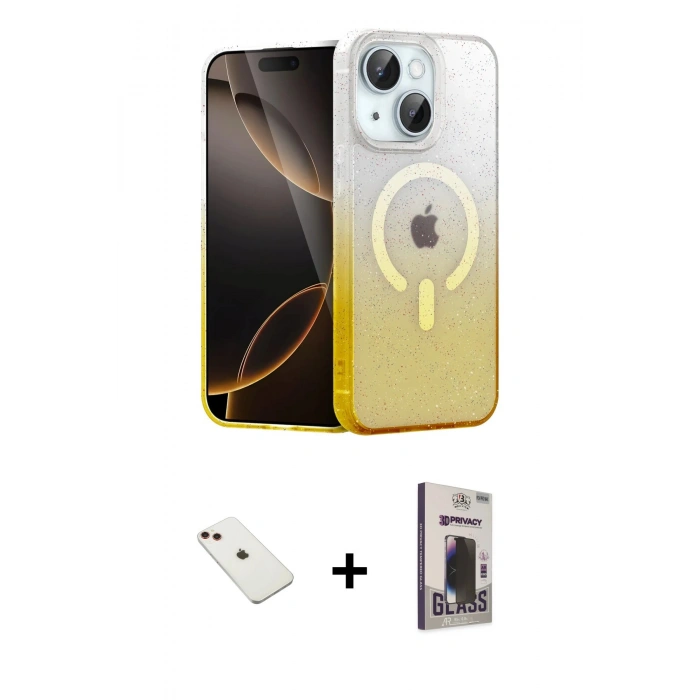 MARSİLYAN™- iPhone 14 Kılıf Eksen Minimal Özel Seri - Siyah Bilvis Hayalet Cam Ekran Koruyucu + Diamond Kamera Lens - KI