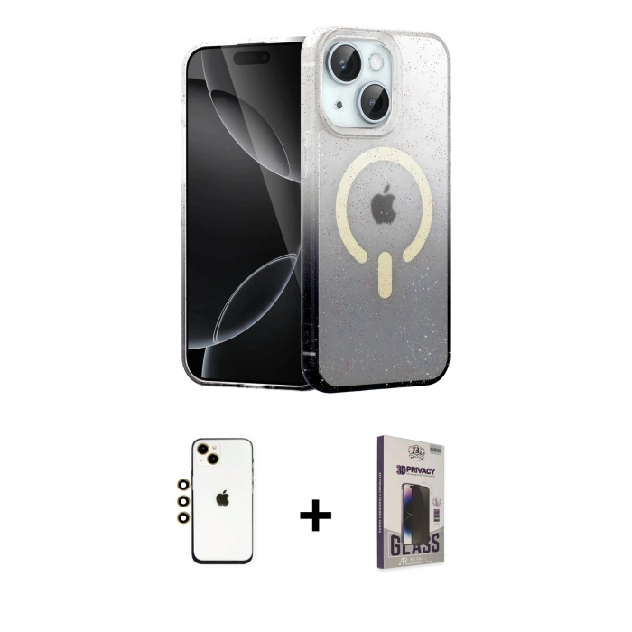 MARSİLYAN™- iPhone 14 Kılıf Eksen Minimal Özel Seri - Siyah Bilvis Hayalet Cam Ekran Koruyucu + Shine Kamera Lens - GD