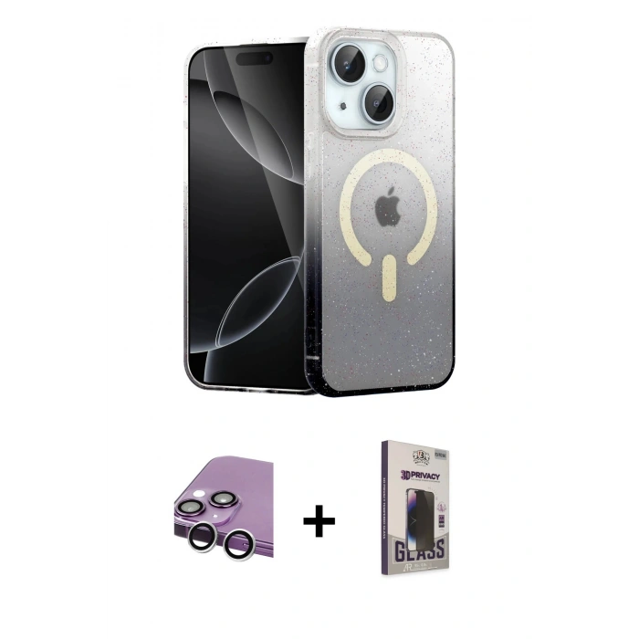 MARSİLYAN™- iPhone 14 Kılıf Eksen Minimal Özel Seri - Siyah Bilvis Hayalet Cam Ekran Koruyucu + Raze Metal Kamera Lens - GS