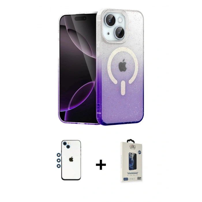 MARSİLYAN™- iPhone 14 Kılıf Eksen Minimal Özel Seri - Siyah Bilvis Hayalet Cam Ekran Koruyucu + Mavi Shine Kamera Lens