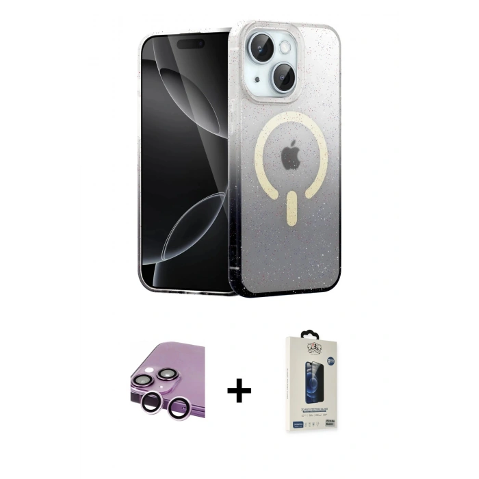 MARSİLYAN™- iPhone 14 Kılıf Eksen Minimal Özel Seri - Siyah Bilvis Hayalet Cam Ekran Koruyucu + Raze Metal Kamera Lens - MR