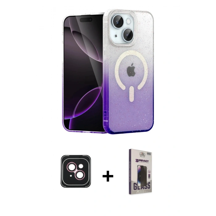MARSİLYAN™- iPhone 14 Kılıf Eksen Minimal Özel Seri - Siyah Bilvis Hayalet Cam Ekran Koruyucu + PVD Metal Kamera Lens - PE