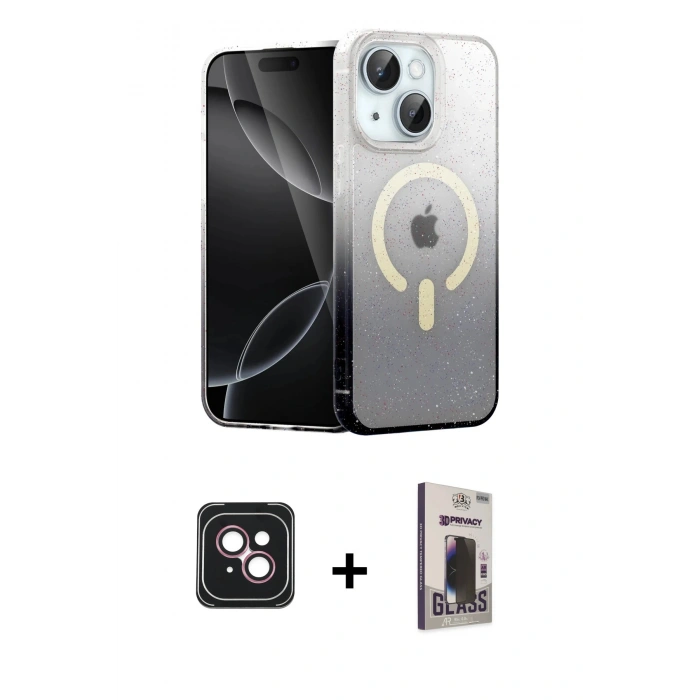 MARSİLYAN™- iPhone 14 Kılıf Eksen Minimal Özel Seri - Siyah Bilvis Hayalet Cam Ekran Koruyucu + PVD Metal Kamera Lens - PE