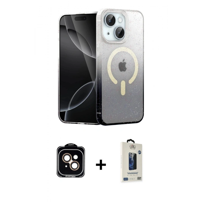 MARSİLYAN™- iPhone 14 Kılıf Eksen Minimal Özel Seri - Siyah Bilvis Hayalet Cam Ekran Koruyucu + PVD Metal Kamera Lens - TU