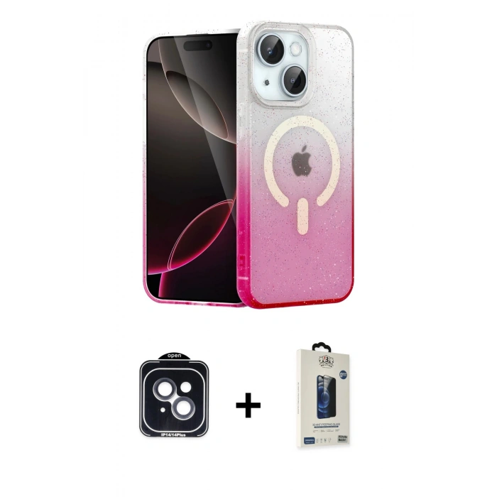 MARSİLYAN™- iPhone 14 Kılıf Eksen Minimal Özel Seri - Siyah Bilvis Hayalet Cam Ekran Koruyucu + PVD Metal Kamera Lens - SH