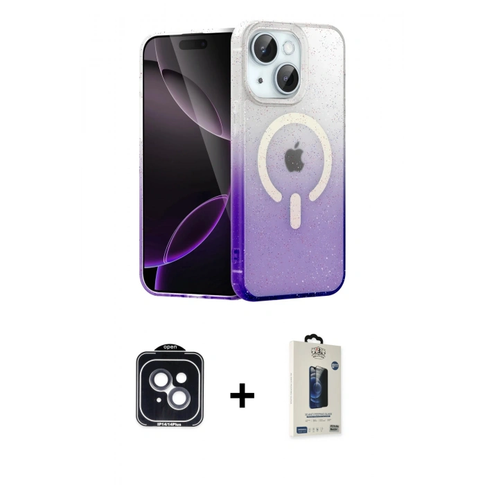 MARSİLYAN™- iPhone 14 Kılıf Eksen Minimal Özel Seri - Siyah Bilvis Hayalet Cam Ekran Koruyucu + PVD Metal Kamera Lens - SH