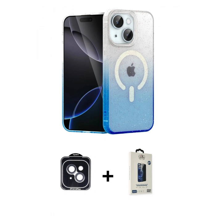 MARSİLYAN™- iPhone 14 Kılıf Eksen Minimal Özel Seri - Siyah Bilvis Hayalet Cam Ekran Koruyucu + PVD Metal Kamera Lens - SH