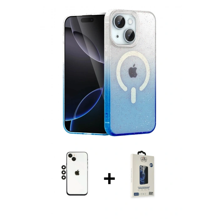 MARSİLYAN™- iPhone 14 Kılıf Eksen Minimal Özel Seri - Siyah Bilvis Hayalet Cam Ekran Koruyucu + Siyah Shine Kamera Lens