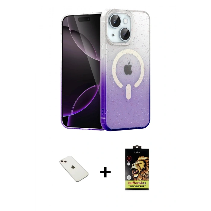MARSİLYAN™- iPhone 14 Kılıf Eksen Minimal Özel Seri - Siyah Buffer Cam Ekran Koruyucu + Diamond Kamera Lens - PE