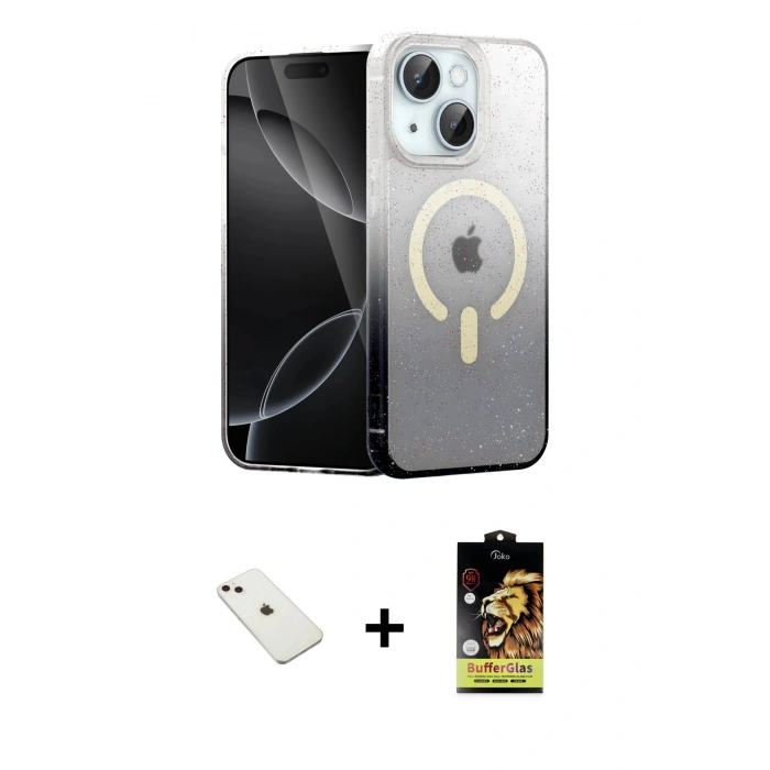 MARSİLYAN™- iPhone 14 Kılıf Eksen Minimal Özel Seri - Siyah Buffer Cam Ekran Koruyucu + Diamond Kamera Lens - PE