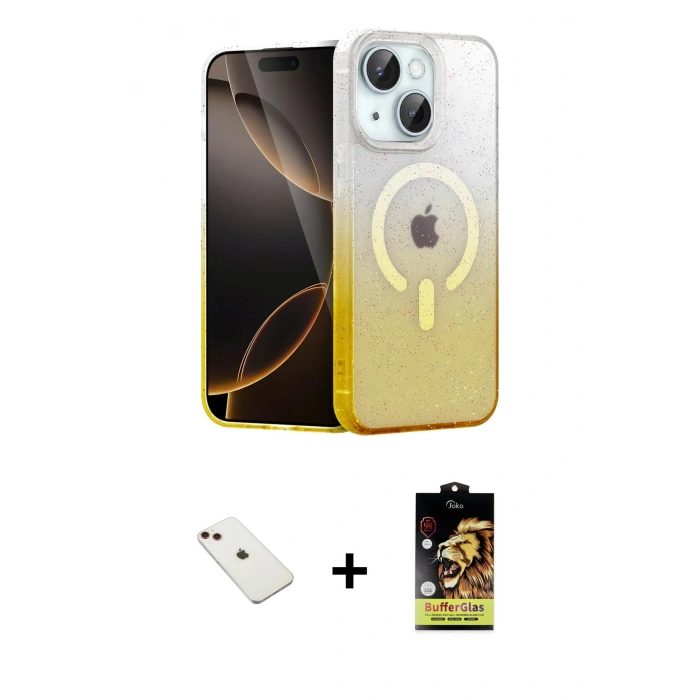 MARSİLYAN™- iPhone 14 Kılıf Eksen Minimal Özel Seri - Siyah Buffer Cam Ekran Koruyucu + Diamond Kamera Lens - KI