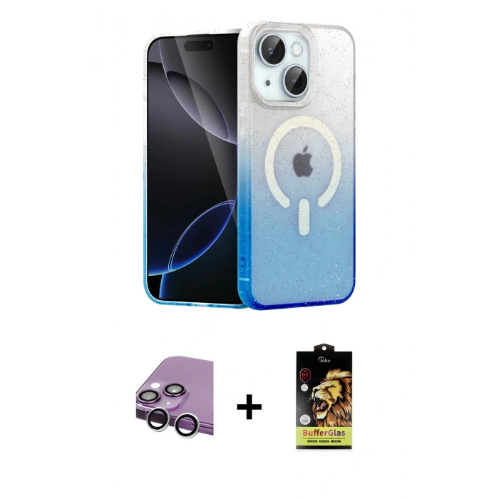 MARSİLYAN™- iPhone 14 Kılıf Eksen Minimal Özel Seri - Siyah Buffer Cam Ekran Koruyucu + Raze Metal Kamera Lens - GS