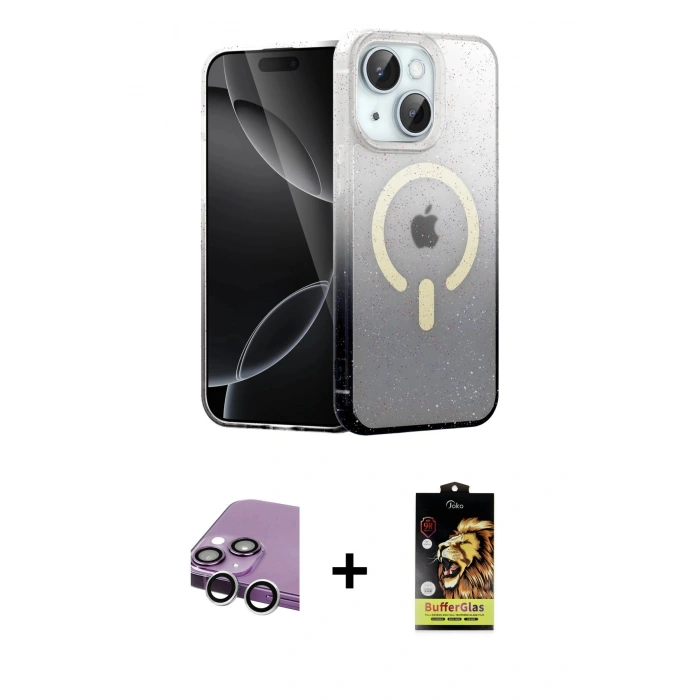 MARSİLYAN™- iPhone 14 Kılıf Eksen Minimal Özel Seri - Siyah Buffer Cam Ekran Koruyucu + Raze Metal Kamera Lens - GS
