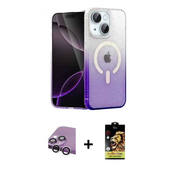 MARSİLYAN™- iPhone 14 Kılıf Eksen Minimal Özel Seri - Siyah Buffer Cam Ekran Koruyucu + Raze Metal Kamera Lens - GS