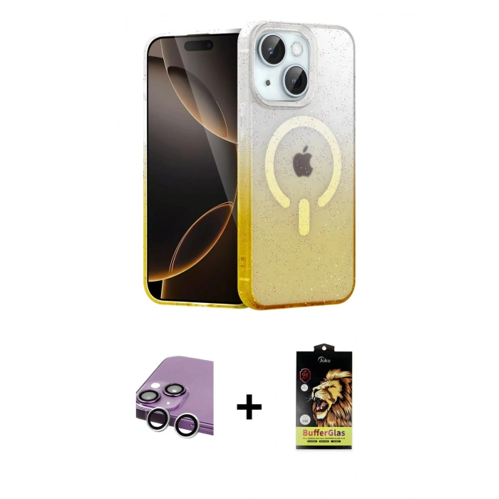 MARSİLYAN™- iPhone 14 Kılıf Eksen Minimal Özel Seri - Siyah Buffer Cam Ekran Koruyucu + Raze Metal Kamera Lens - GS