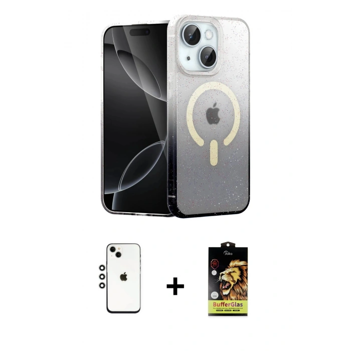 MARSİLYAN™- iPhone 14 Kılıf Eksen Minimal Özel Seri - Siyah Buffer Cam Ekran Koruyucu + Shine Kamera Lens - GS