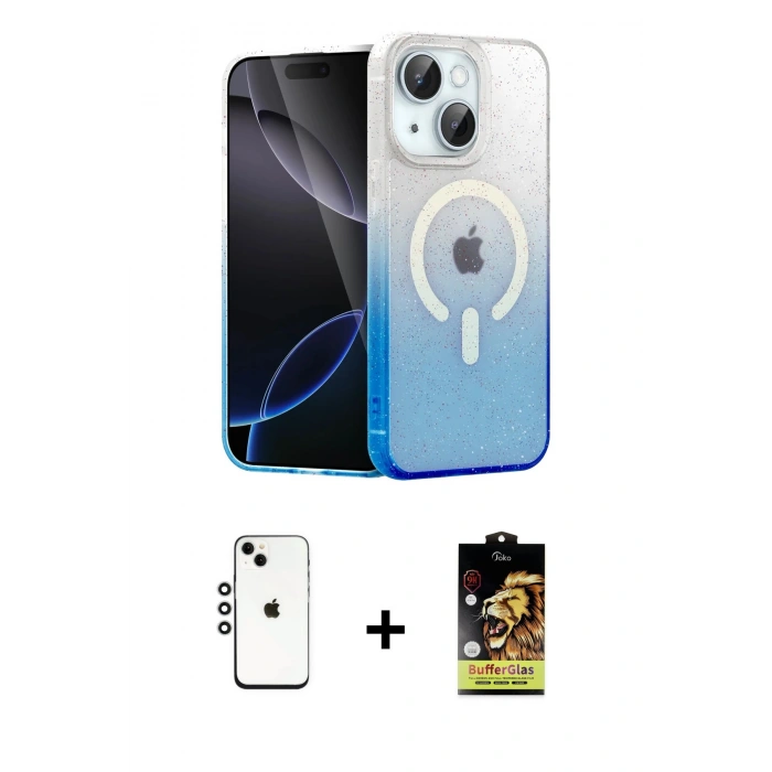 MARSİLYAN™- iPhone 14 Kılıf Eksen Minimal Özel Seri - Siyah Buffer Cam Ekran Koruyucu + Shine Kamera Lens - GS