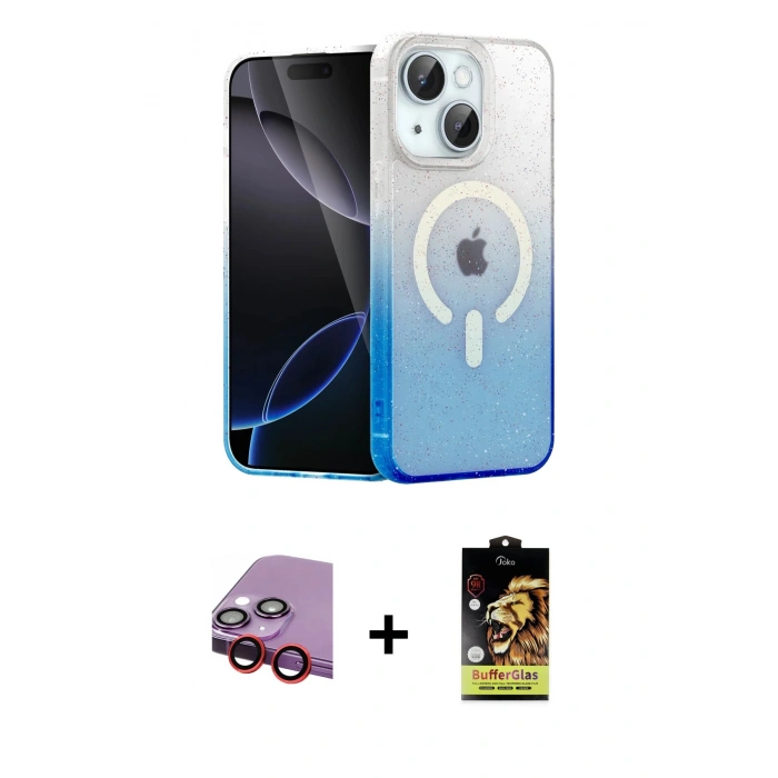 MARSİLYAN™- iPhone 14 Kılıf Eksen Minimal Özel Seri - Siyah Buffer Cam Ekran Koruyucu + Kırmızı Raze Metal Kamera Lens