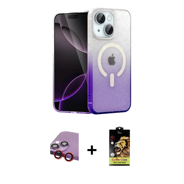 MARSİLYAN™- iPhone 14 Kılıf Eksen Minimal Özel Seri - Siyah Buffer Cam Ekran Koruyucu + Kırmızı Raze Metal Kamera Lens
