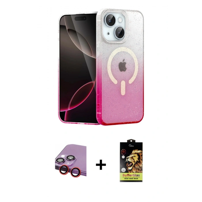 MARSİLYAN™- iPhone 14 Kılıf Eksen Minimal Özel Seri - Siyah Buffer Cam Ekran Koruyucu + Kırmızı Raze Metal Kamera Lens