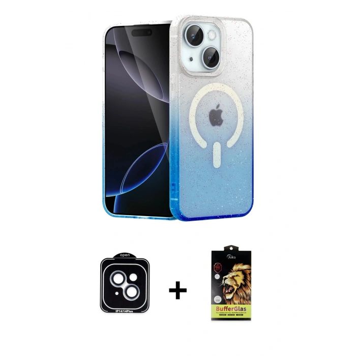 MARSİLYAN™- iPhone 14 Kılıf Eksen Minimal Özel Seri - Siyah Buffer Cam Ekran Koruyucu + PVD Metal Kamera Lens - MI