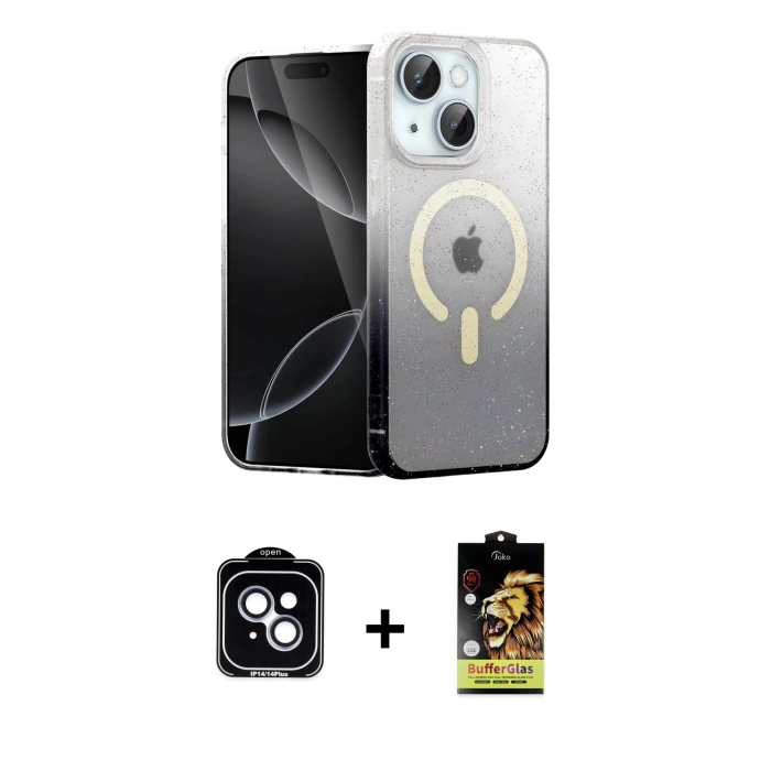 MARSİLYAN™- iPhone 14 Kılıf Eksen Minimal Özel Seri - Siyah Buffer Cam Ekran Koruyucu + PVD Metal Kamera Lens - MI