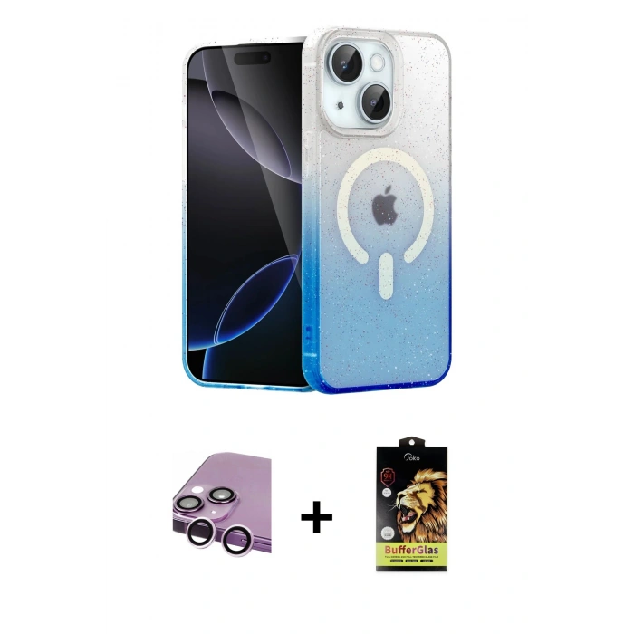 MARSİLYAN™- iPhone 14 Kılıf Eksen Minimal Özel Seri - Siyah Buffer Cam Ekran Koruyucu + Raze Metal Kamera Lens - MR