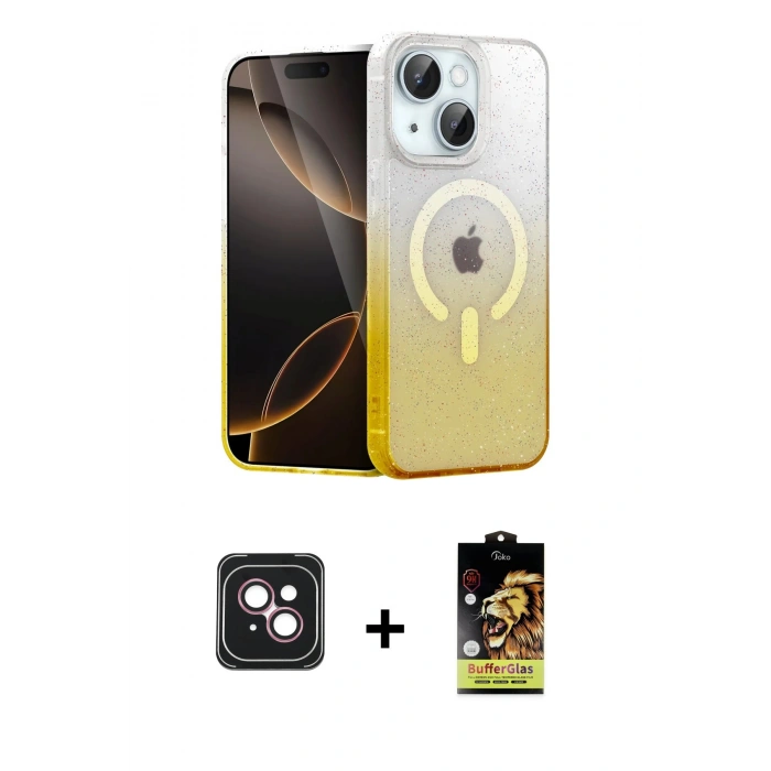 MARSİLYAN™- iPhone 14 Kılıf Eksen Minimal Özel Seri - Siyah Buffer Cam Ekran Koruyucu + PVD Metal Kamera Lens - PE
