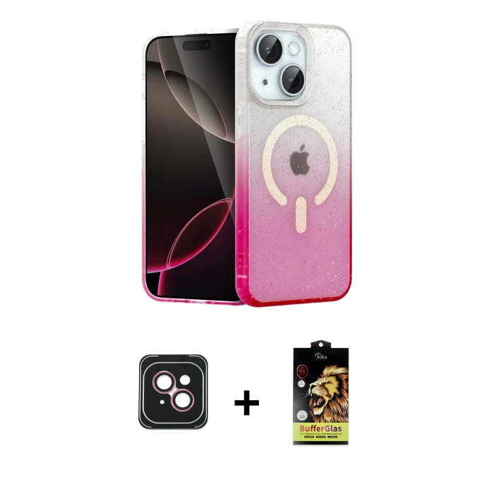MARSİLYAN™- iPhone 14 Kılıf Eksen Minimal Özel Seri - Siyah Buffer Cam Ekran Koruyucu + PVD Metal Kamera Lens - PE