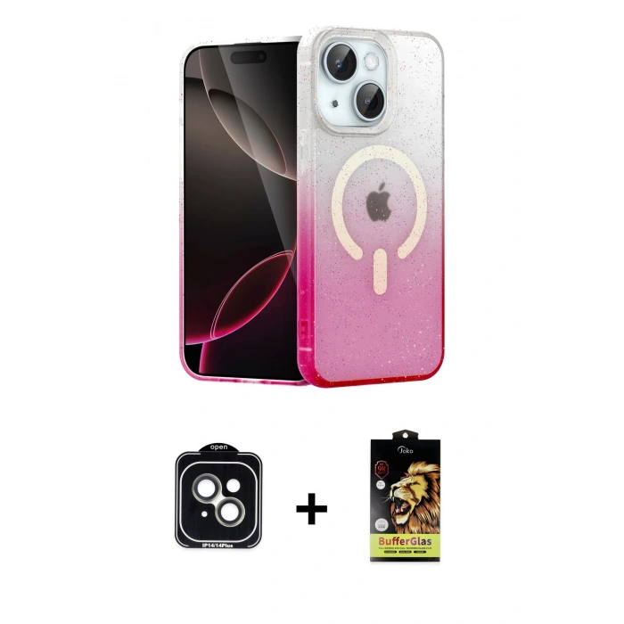 MARSİLYAN™- iPhone 14 Kılıf Eksen Minimal Özel Seri - Siyah Buffer Cam Ekran Koruyucu + PVD Metal Kamera Lens - YL