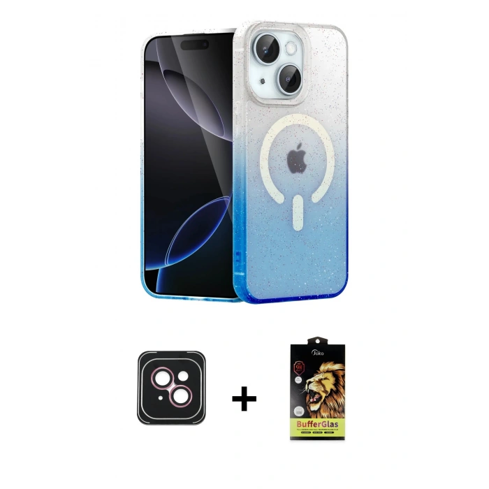 MARSİLYAN™- iPhone 14 Kılıf Eksen Minimal Özel Seri - Siyah Buffer Cam Ekran Koruyucu + PVD Metal Kamera Lens - PE