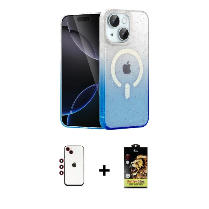 MARSİLYAN™- iPhone 14 Kılıf Eksen Minimal Özel Seri - Siyah Buffer Cam Ekran Koruyucu + Shine Kamera Lens - KI
