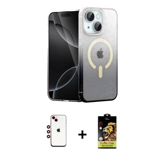 MARSİLYAN™- iPhone 14 Kılıf Eksen Minimal Özel Seri - Siyah Buffer Cam Ekran Koruyucu + Shine Kamera Lens - KI