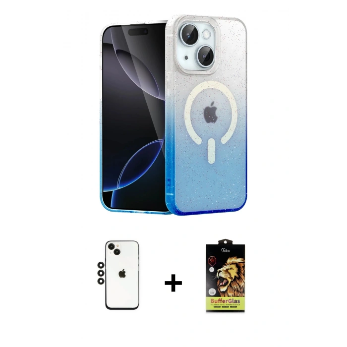 MARSİLYAN™- iPhone 14 Kılıf Eksen Minimal Özel Seri - Siyah Buffer Cam Ekran Koruyucu + Shine Kamera Lens - SH