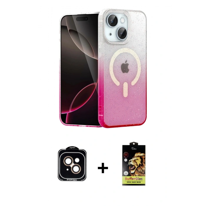 MARSİLYAN™- iPhone 14 Kılıf Eksen Minimal Özel Seri - Siyah Buffer Cam Ekran Koruyucu + Turuncu PVD Metal Kamera Lens