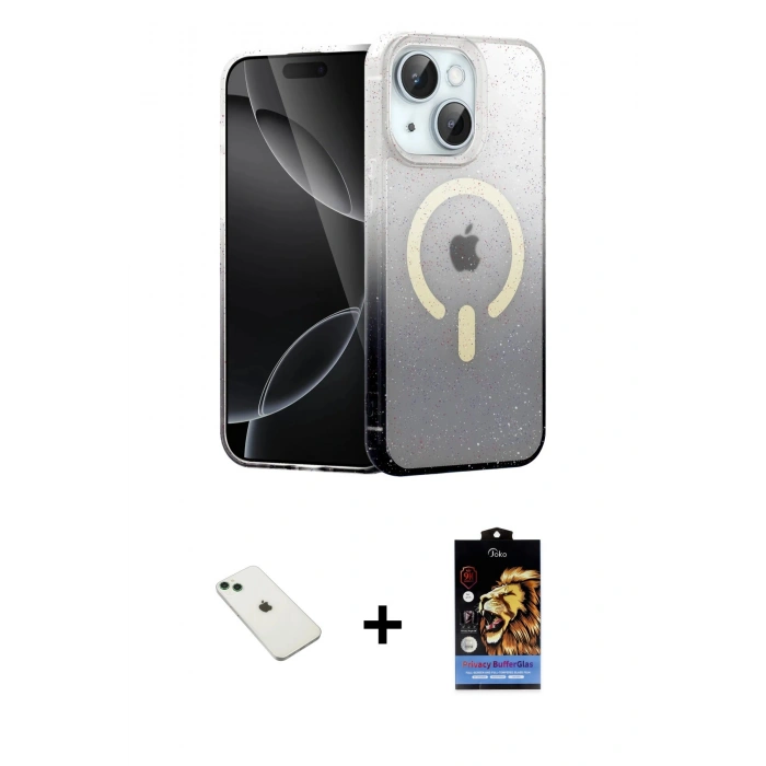 MARSİLYAN™- iPhone 14 Kılıf Eksen Minimal Özel Seri - Siyah Buffer Hayalet Cam Ekran Koruyucu + Diamond Kamera Lens - YL