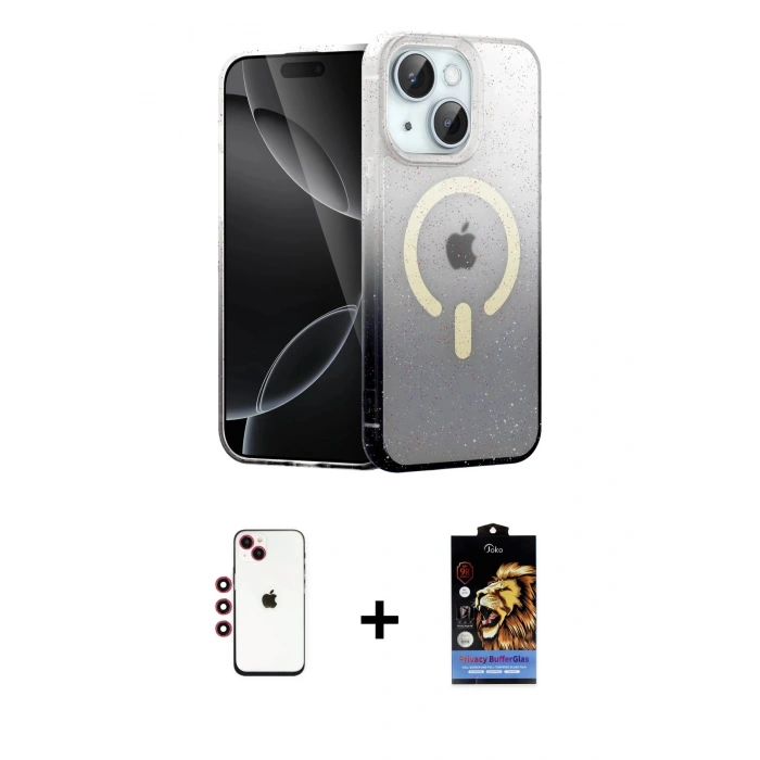 MARSİLYAN™- iPhone 14 Kılıf Eksen Minimal Özel Seri - Siyah Buffer Hayalet Cam Ekran Koruyucu + Shine Kamera Lens - KI