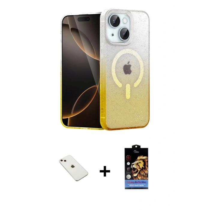 MARSİLYAN™- iPhone 14 Kılıf Eksen Minimal Özel Seri - Siyah Buffer Hayalet Cam Ekran Koruyucu + Pembe Diamond Kamera Lens