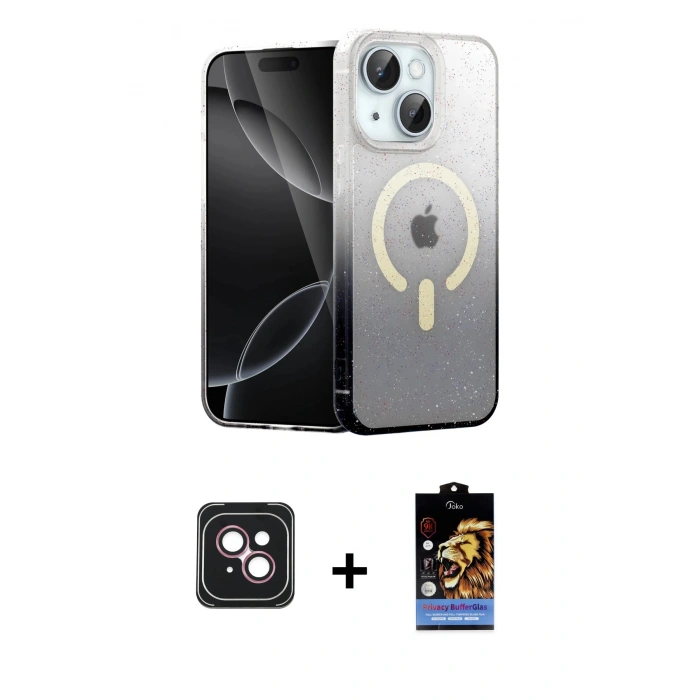 MARSİLYAN™- iPhone 14 Kılıf Eksen Minimal Özel Seri - Siyah Buffer Hayalet Cam Ekran Koruyucu + PVD Metal Kamera Lens - PE