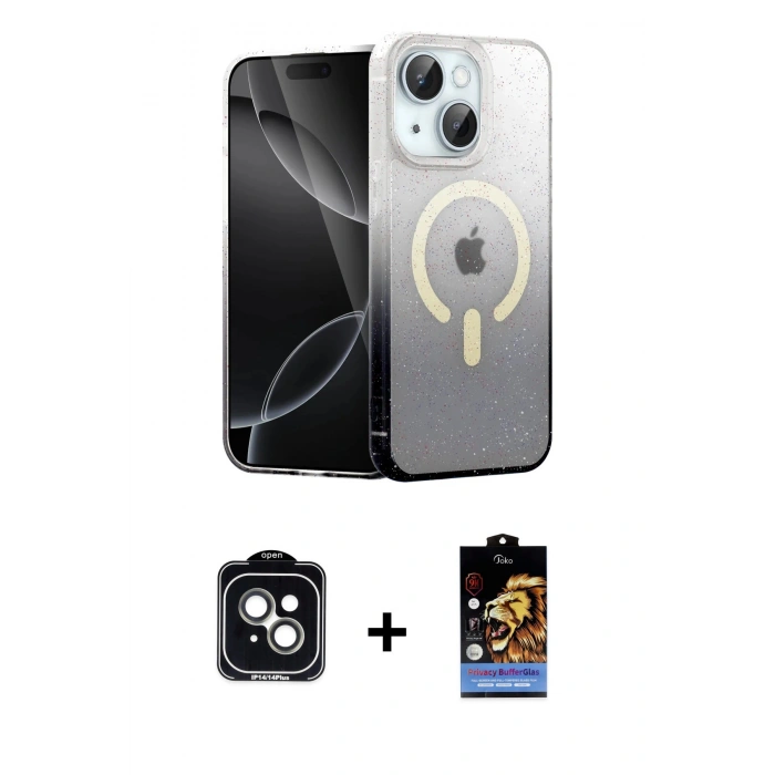 MARSİLYAN™- iPhone 14 Kılıf Eksen Minimal Özel Seri - Siyah Buffer Hayalet Cam Ekran Koruyucu + PVD Metal Kamera Lens - YL