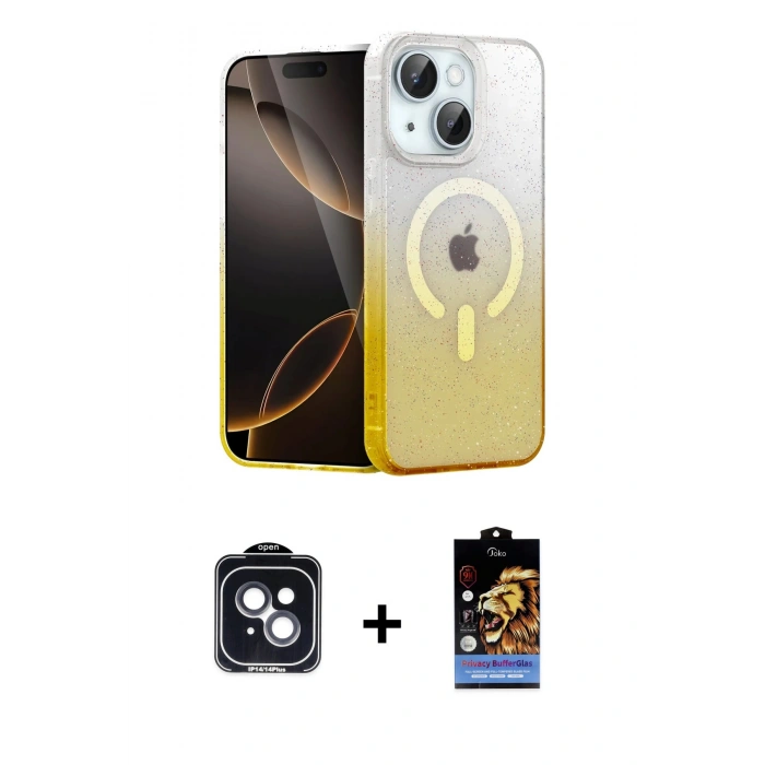 MARSİLYAN™- iPhone 14 Kılıf Eksen Minimal Özel Seri - Siyah Buffer Hayalet Cam Ekran Koruyucu + PVD Metal Kamera Lens - SH