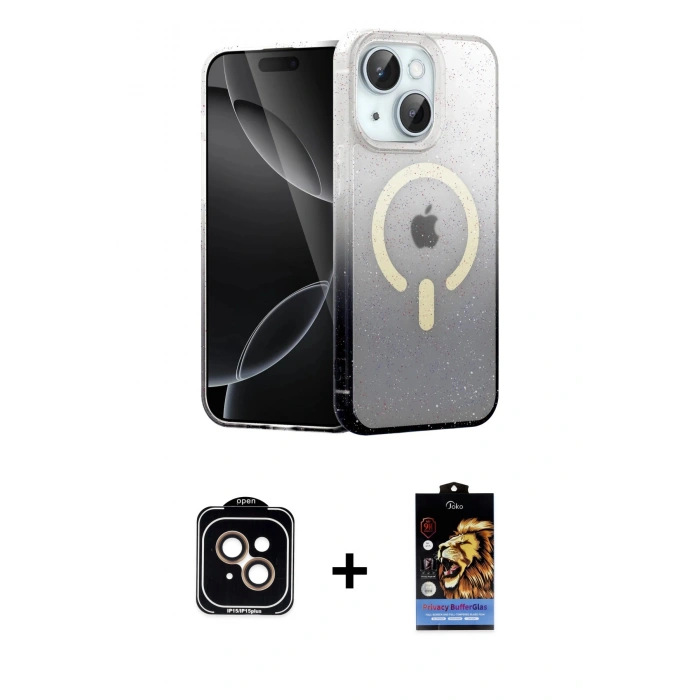 MARSİLYAN™- iPhone 14 Kılıf Eksen Minimal Özel Seri - Siyah Buffer Hayalet Cam Ekran Koruyucu + PVD Metal Kamera Lens - TU